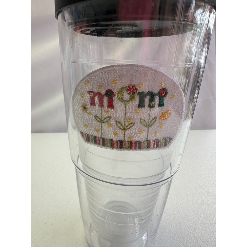 Tervis 24oz Clear Tumbler Embroidered Mom Patch with Lid Lifetime Guarantee
